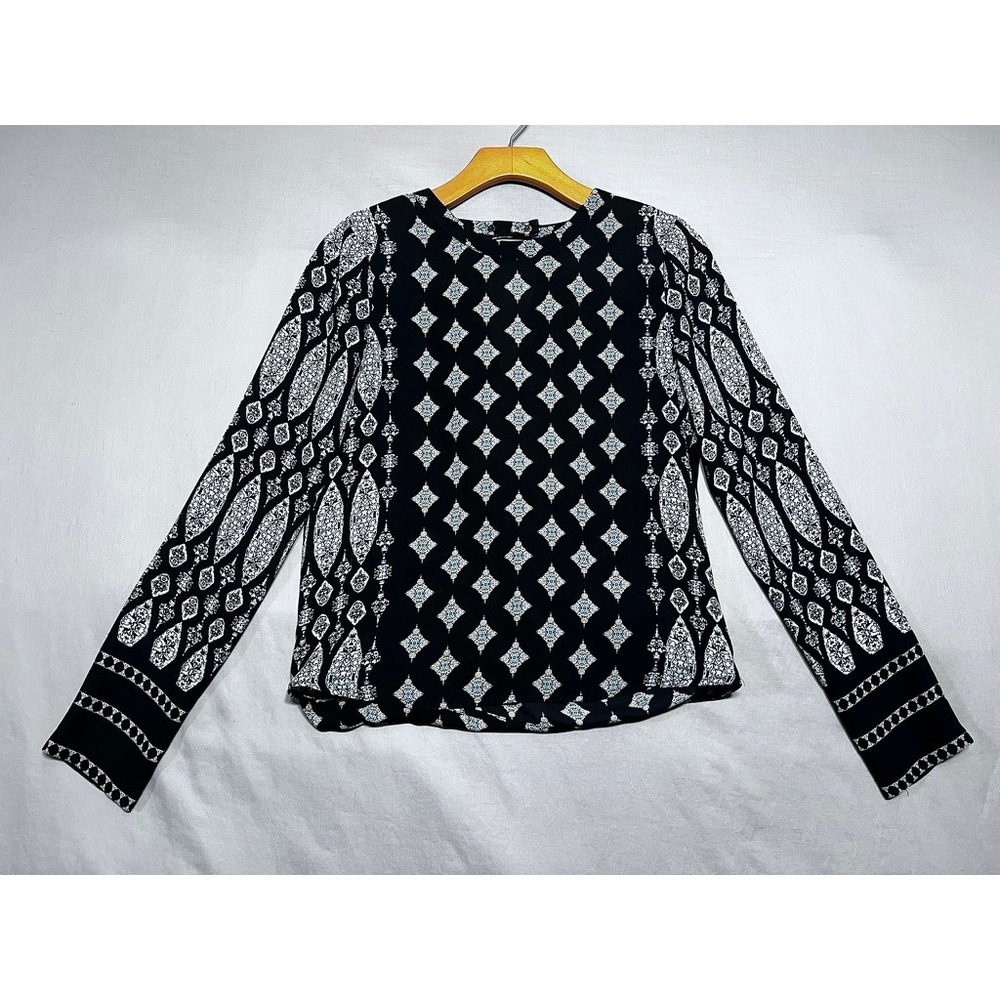 BCBGMAXAZRIA Black White Geometric Medallion Wrap Back Blouse XXS